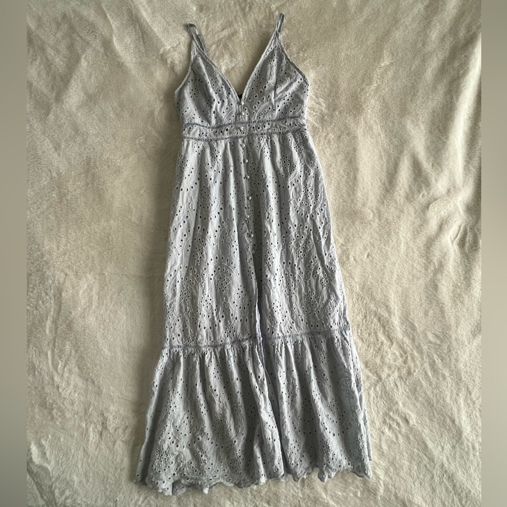 Simplee Light Blue Eyelet Dress with Embroidery and Pearl Buttons